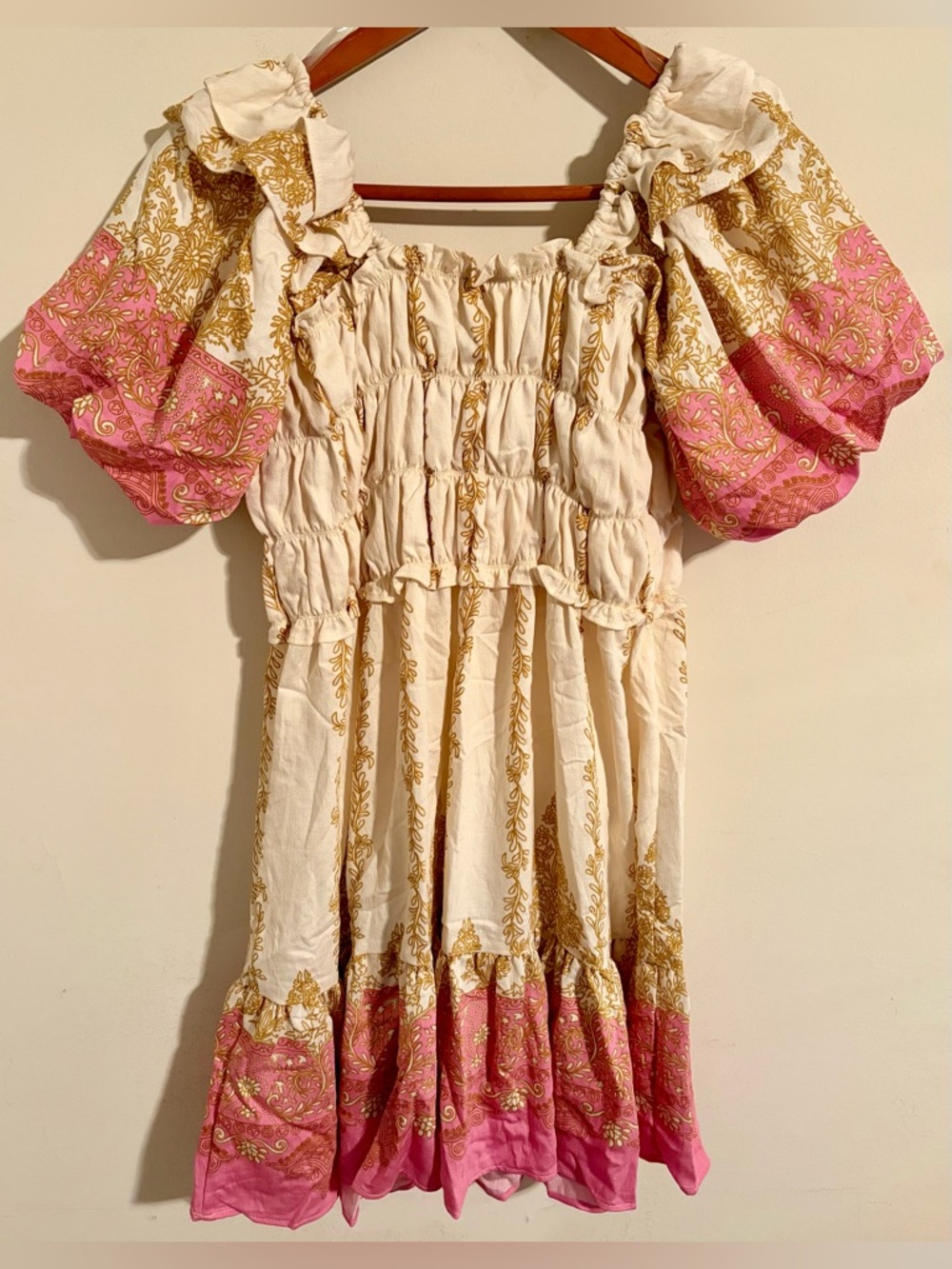 NWT Umgee Cream Dress w Pink & Gold Sz M Bows Cottagecore Boho Milkmaid Romantic - Picture 8 of 11